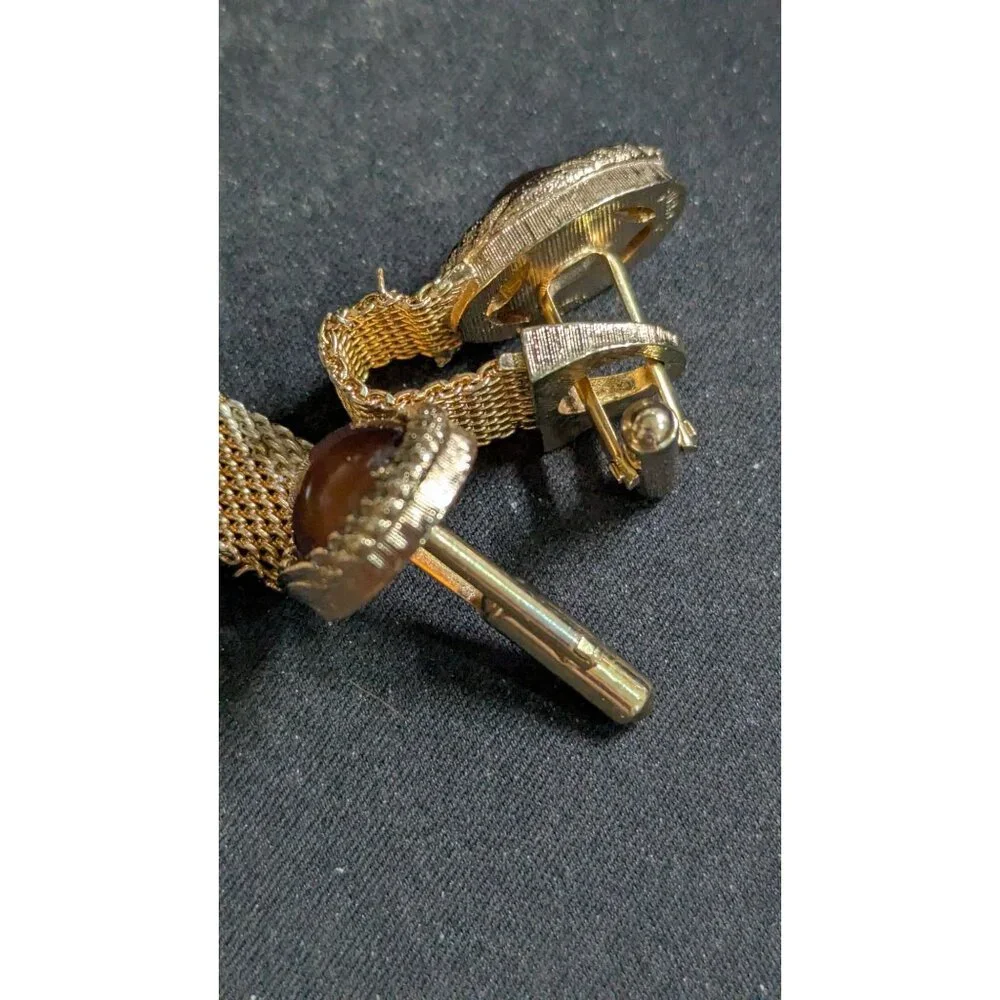 Swank Vintage Wrap Around Mesh Cufflinks Brown Cabochon Stones Gold-Tone Finish‎